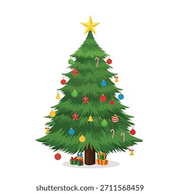Árbol de Navidad de Vector completamente decorado con una estrella dorada, adornos coloridos, hombres de jengibre y bastones de caramelo. Los regalos envueltos están en la base. Ideal para diseños de vacaciones.