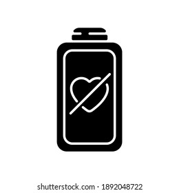 Fully discharged battery black glyph icon. Low percantage on your device. Disabled system. Need conecting to charging cable. Silhouette symbol on white space. Vector isolated illustration