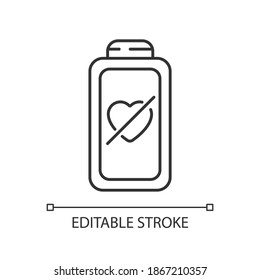 Fully discharged battery linear icon. Low percantage on your device. Disabled system. Thin line customizable illustration. Contour symbol. Vector isolated outline drawing. Editable stroke