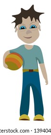 A fully dressed young boy with a ball in his hand who is ready to play vector color drawing or illustration