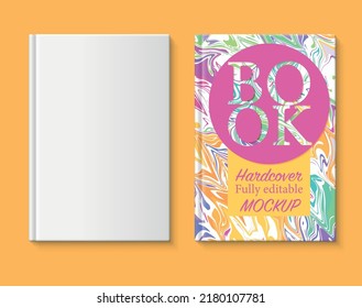 Fully editable book mockup. Book cover with rainbow marbled paper