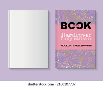 Fully editable book mockup. Book cover with marbled paper in coral, purple and gold tones