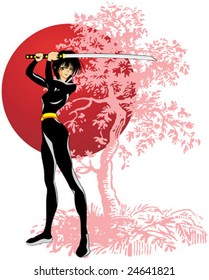 Fully editable cartoon of a girl with sword with a sakura tree and sun on the background