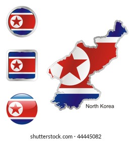 fully editable flag of north korea in map and internet buttons shape
