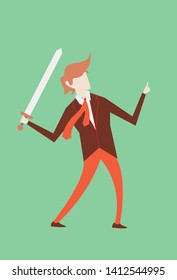Fully editable flat vector illustration of a young man wearing a smart suit facing everyday office situations like a brave knight with a sword in hand