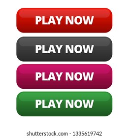 Fully editable four-colored call to action buttons. Red, black, purple and green colored Play Now vectored call to action buttons.