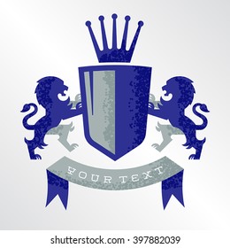 Fully Editable Grunge Vector Illustration Of A Royal Family Crest. There Are Lions On Both Sides Of The Shield And A Crown On Top. Perfect For Your Sports Team Or Ancestry Scrap Book.