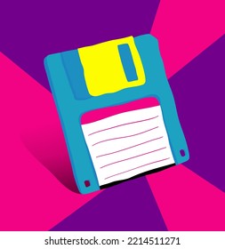Fully editable hand drawn vector graphic of 1.44" floppy disk stylized for 80's od 90's - vintage, retro image.