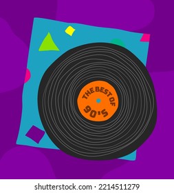 Gráfica vectorial totalmente editable a mano de un registro de vinilo estilizado para los años 80 y 90 - imagen vintage, retro.