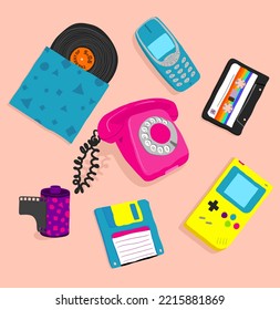 Fully editable hand drawn vector graphic set of items from the 90's. Vintage, retro stuff.