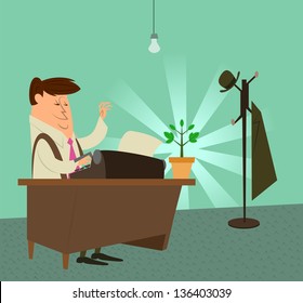 fully editable horizontal illustration of a fifties retro businessman at the office using a typewriter with a plant on his desk for any conservation, care and ecology concepts