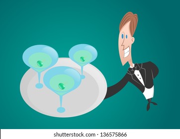 a fully editable horizontal illustration of a waiter offering a tray of martini drinks for any restaurant or style concepts