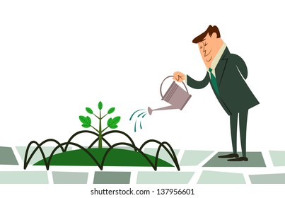 a fully editable horizontal vector illustration of a business man happily watering a small sprout on his grass garden for any environment and conservation concept