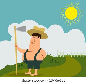 a fully editable illustration of a young farmer boy standing in the sun, in front of his crop field with a hoe in his hand