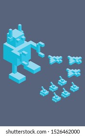 Fully editable isometric vector illustration, in a retro gaming style, of a giant robot in an epic battle vs an army of airplanes and tanks 