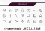 fully editable outline icon collection from restaurant concept. thin line icons set such as cake box, cupcake with cherry, spaghetti bolognese, toasted bread, sushi piece,