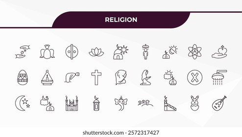 fully editable outline icon collection from religion concept. thin line icons set such as sadaqah, angel, atheism, easter bunny, oud,