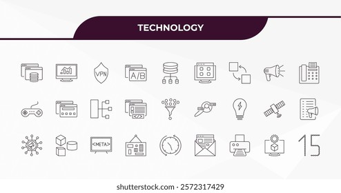 fully editable outline icon collection from technology concept. thin line icons set such as caching, data visualization, call to action, virtual hine, digital number 15,