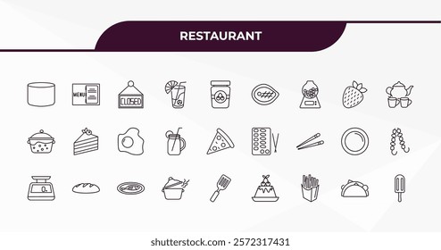 fully editable outline icon collection from restaurant concept. thin line icons set such as wide glass, open menu, strawberry drawing, mexican food, ice pop,