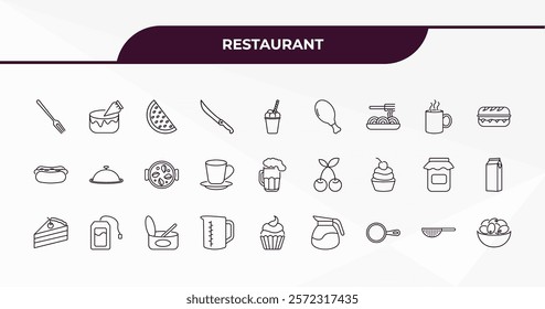 fully editable outline icon collection from restaurant concept. thin line icons set such as salad fork, decorated cake, hot mug, strainer with handle, bowl of olives,