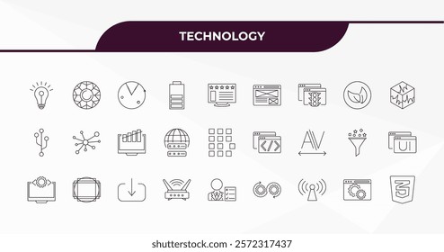 fully editable outline icon collection from technology concept. thin line icons set such as light bulb idea, color value, organic, website optimization, css3,