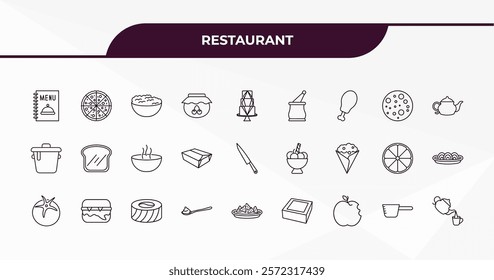 fully editable outline icon collection from restaurant concept. thin line icons set such as menu card, pepperoni pizza, pita bread, lateral pan, pouring coffe,