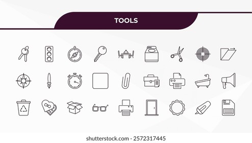 fully editable outline icon collection from tools concept. thin line icons set such as key ring with two keys, semaphore light, target circles, highlight, face down floppy disk,