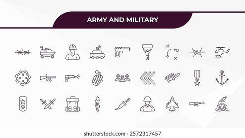 fully editable outline icon collection from army and military concept. thin line icons set such as barbed, army car, barbed wire,  , ship,