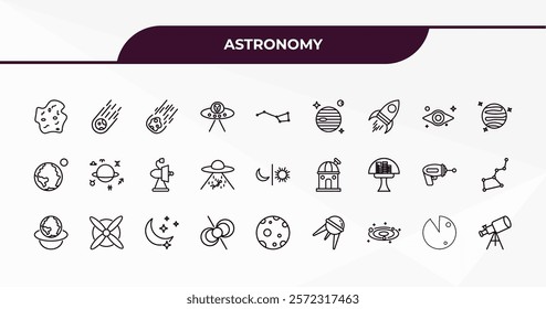 fully editable outline icon collection from astronomy concept. thin line icons set such as asteroid, meteorites, black hole, radar system, big telescope,