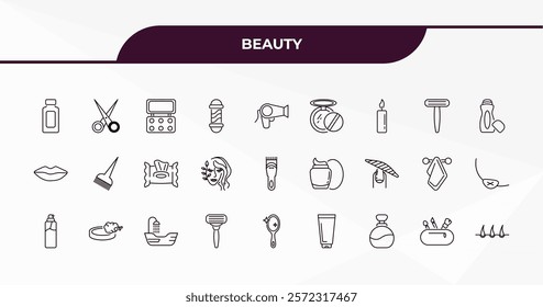 fully editable outline icon collection from beauty concept. thin line icons set such as inclined bottle, manicure scissors, disposable razor, little makeup box, hair,