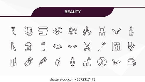 fully editable outline icon collection from beauty concept. thin line icons set such as flat iron, face cleanser, vintage razor, feet cream, big makeup box,