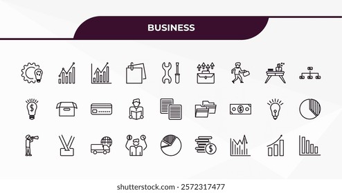 fully editable outline icon collection from business concept. thin line icons set such as strategic, graphic chart, sleepy worker at work, graphic progression, bar diagram,