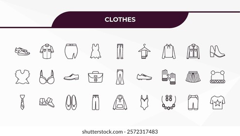 fully editable outline icon collection from clothes concept. thin line icons set such as sneaker, denim shirt, denim jacket, chino shorts, t shirt with de,