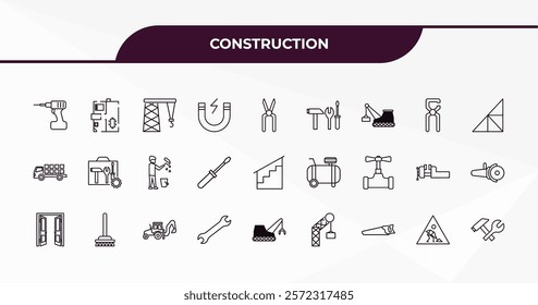 fully editable outline icon collection from construction concept. thin line icons set such as electric drill, house plan, big clippers, working, constructions,