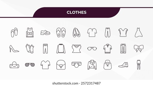 fully editable outline icon collection from clothes concept. thin line icons set such as sandals, basketball jersey, chiffon suffle blouse, leather chelsea boots, leggins,