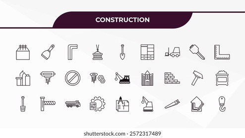 fully editable outline icon collection from construction concept. thin line icons set such as concrete, scraper, home key, interior de, pulley hook,