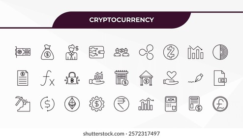 fully editable outline icon collection from cryptocurrency concept. thin line icons set such as vga card, money bag, loss, bonds, pound sterling,