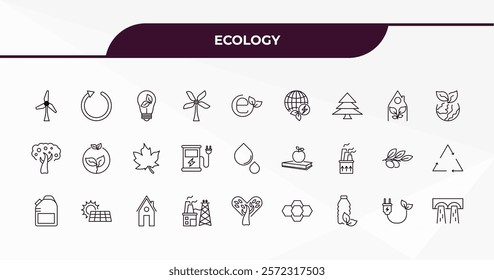 fully editable outline icon collection from ecology concept. thin line icons set such as wind energy, recycling, green home, eco plug, dam,
