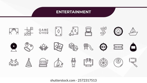 fully editable outline icon collection from entertainment concept. thin line icons set such as curtain stage, tic tac toe, poker chip, eight ball, selfie stick,