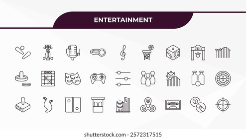 fully editable outline icon collection from entertainment concept. thin line icons set such as pinball, racing, zoo, billiards, shooter,