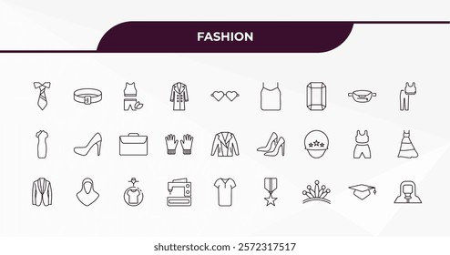 fully editable outline icon collection from fashion concept. thin line icons set such as stripped tie, gym belt, belt pouch, college graduation cap, hazmat,