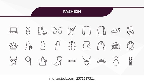 fully editable outline icon collection from fashion concept. thin line icons set such as closed briefcase, swimwear, men shoe, women drees, men tracksuit,