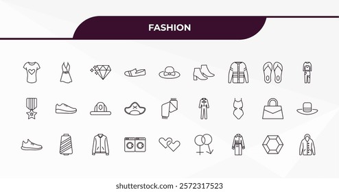 fully editable outline icon collection from fashion concept. thin line icons set such as t shirt with heart, dress with belt, pair sandals, diamond precious stone, sweater with pockets,