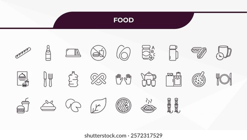 fully editable outline icon collection from food concept. thin line icons set such as baguette, champagne bottle, hotdog and bread, pasta, brochette,