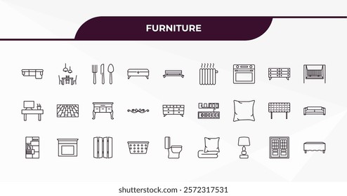 fully editable outline icon collection from furniture concept. thin line icons set such as corner sofa, dining room, chest of drawers, double door, table linens,