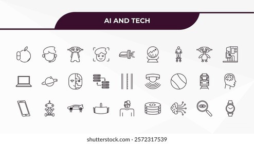 fully editable outline icon collection from ai and tech concept. thin line icons set such as synthetic food, personal assistant, robots, detection, wristwatch,