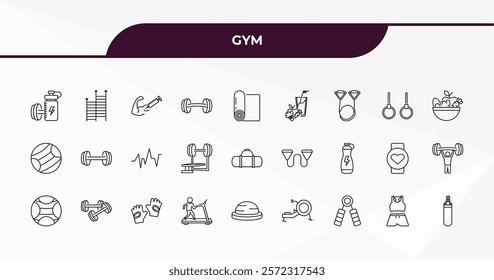 fully editable outline icon collection from gym concept. thin line icons set such as fitness drink, gym ladder, gymnastic rings, female sportwear, boxing bag,