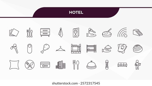 fully editable outline icon collection from hotel concept. thin line icons set such as napkins, eating utensils, free wifi, lounge, servant,