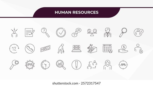fully editable outline icon collection from human resources concept. thin line icons set such as selection process, contract, employee, women, target audience,