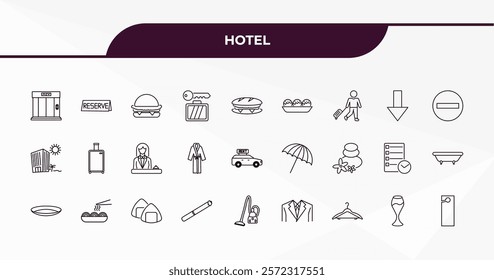 fully editable outline icon collection from hotel concept. thin line icons set such as elevator, reservation, go down, wine glass, door hanger,